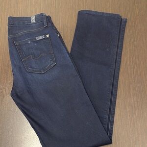 Dark Blue Straight Leg Jeans with Distinctive Stitching and Belt Loops